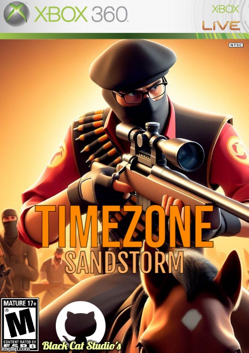 TimeZone:SandStorm. | TIMEZONE; SANDSTORM; Black Cat Studio's | image tagged in game,idea,cartoon,movie,timezone,dlc cover | made w/ Imgflip meme maker