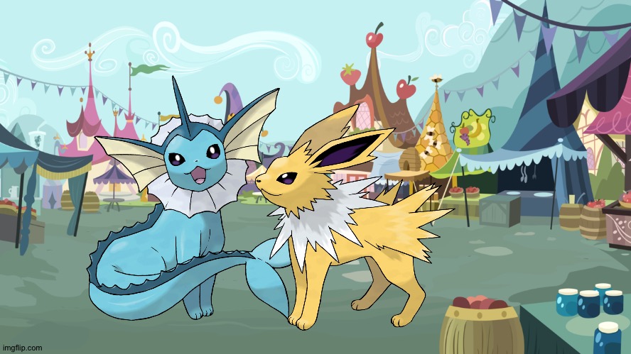 Vaporeon and Jolteon enjoying a vacation in Ponyville | image tagged in mlp background,crossover,pokemon | made w/ Imgflip meme maker