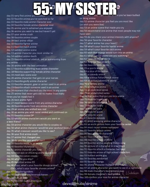 100 day anime challenge | 55: MY SISTER | image tagged in 100 day anime challenge | made w/ Imgflip meme maker