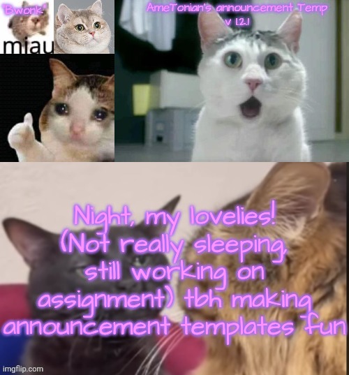 AmeTonian's announcement Temp v 1.2.1 | Night, my lovelies!
(Not really sleeping, still working on assignment) tbh making announcement templates fun | image tagged in ametonian's announcement temp v 1 2 1 | made w/ Imgflip meme maker