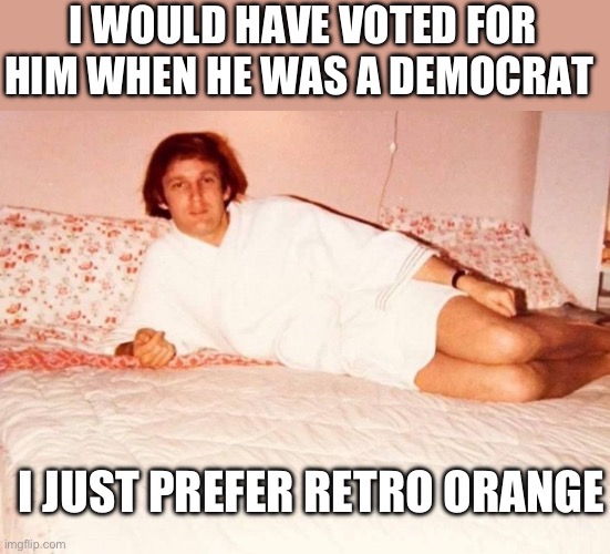 Sexy Trump | I WOULD HAVE VOTED FOR HIM WHEN HE WAS A DEMOCRAT I JUST PREFER RETRO ORANGE | image tagged in sexy trump | made w/ Imgflip meme maker