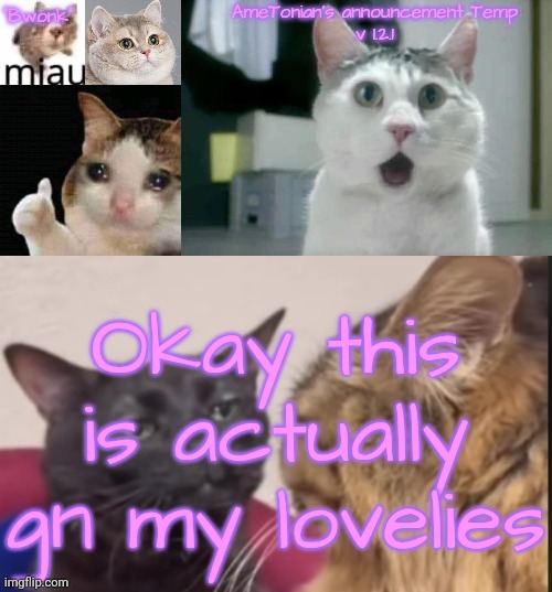 AmeTonian's announcement Temp v 1.2.1 | Okay this is actually gn my lovelies | image tagged in ametonian's announcement temp v 1 2 1 | made w/ Imgflip meme maker
