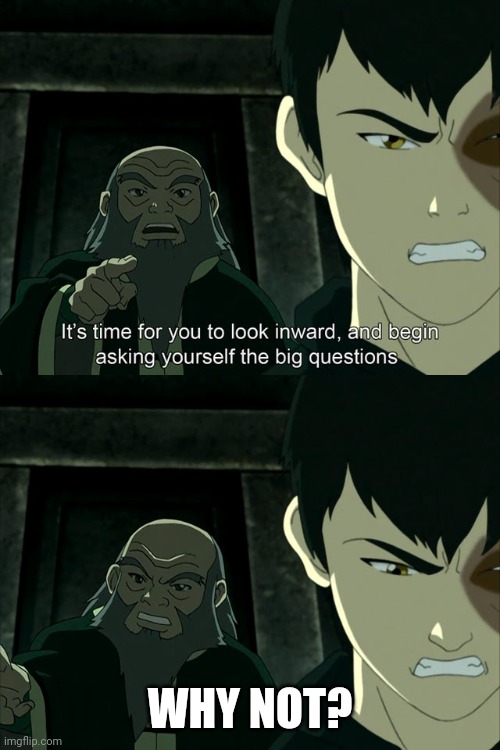 Iroh tells Zuko to look inward and ask real questions | WHY NOT? | image tagged in iroh tells zuko to look inward and ask real questions | made w/ Imgflip meme maker