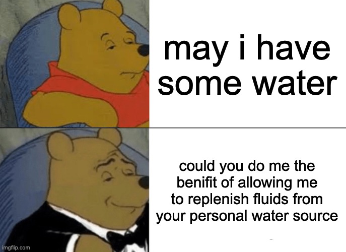 wo'oh | may i have some water; could you do me the benifit of allowing me to replenish fluids from your personal water source | image tagged in memes,tuxedo winnie the pooh,water | made w/ Imgflip meme maker