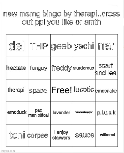 oh yeah | new msmg bingo by therapi..cross out ppl you like or smth; geeb; THP; nar; del; yachi; freddy; hectate; scarf and lea; murderous; funguy; lucotic; therapi; emosnake; space; emoduck; pac man offical; p.l.u.c.k; homeworkenjoyer; lavender; corpse; withered; toni; i enjoy starwars; sauce | image tagged in blank bingo | made w/ Imgflip meme maker