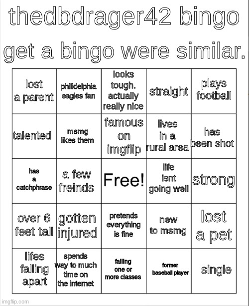 i guess ill make one. | get a bingo were similar. thedbdrager42 bingo; looks tough. actually really nice; philidelphia eagles fan; plays football; lost a parent; straight; famous on imgflip; talented; has been shot; lives in a rural area; msmg likes them; life isnt going well; strong; has a catchphrase; a few freinds; over 6 feet tall; gotten injured; lost a pet; new to msmg; pretends everything is fine; spends way to much time on the internet; single; lifes falling apart; failing one or more classes; former baseball player | image tagged in blank bingo | made w/ Imgflip meme maker