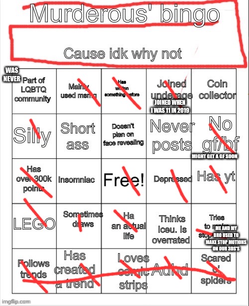 Murderous bingo (fixed version) | JOINED WHEN I WAS 11 IN 2019; MIGHT GET A GF SOON; ME AND MY BRO USED TO MAKE STOP MOTIONS ON OUR 3DS'S | image tagged in murderous bingo fixed version | made w/ Imgflip meme maker