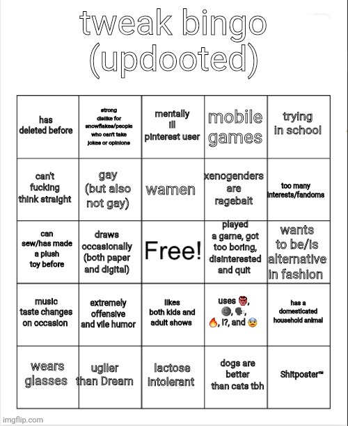 tweak bingo | image tagged in tweak bingo | made w/ Imgflip meme maker