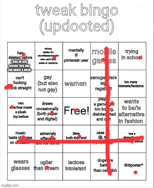 tweak bingo | I HAD AN ACC BEFORE THIS ONE FOR ABOUT A WEEK | image tagged in tweak bingo | made w/ Imgflip meme maker