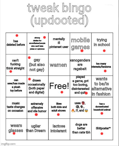 tweak bingo | image tagged in tweak bingo | made w/ Imgflip meme maker