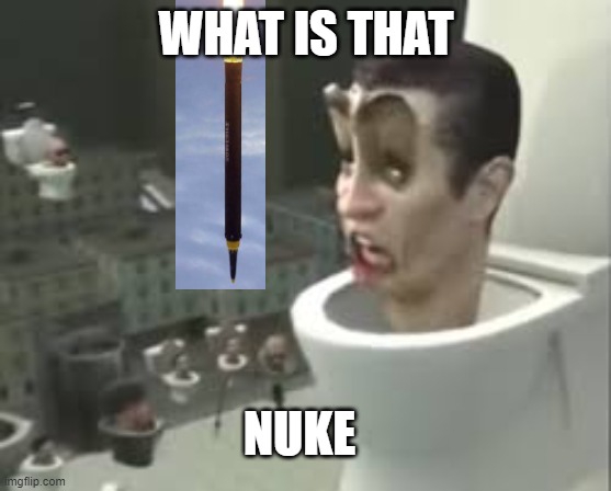 Skibidi toilet meme | WHAT IS THAT; NUKE | image tagged in skibidi toilet meme | made w/ Imgflip meme maker