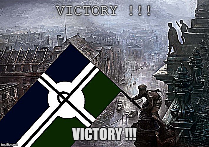 Eroican/Pro-Fandom War-Flag on Reichstag | VICTORY !!! VICTORY !!! | image tagged in eroican/pro-fandom war-flag on reichstag | made w/ Imgflip meme maker