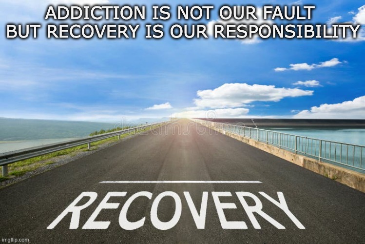Recovery | ADDICTION IS NOT OUR FAULT 

BUT RECOVERY IS OUR RESPONSIBILITY | image tagged in recovery,responsibility | made w/ Imgflip meme maker
