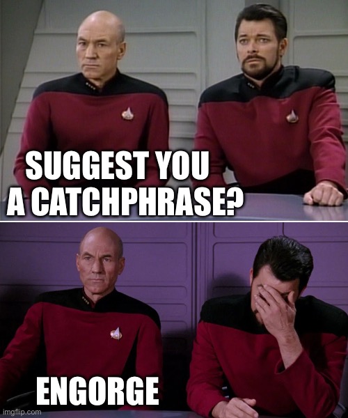 Riker catchphrase | SUGGEST YOU
A CATCHPHRASE? ENGORGE | image tagged in picard riker listening to a pun,engage,riker,star trek,star trek tng,star trek the next generation | made w/ Imgflip meme maker