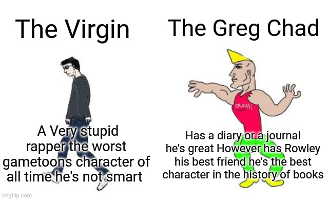 The player Virgin vs the Greg heffley Chad | The Greg Chad; The Virgin; Has a diary or a journal he's great However has Rowley his best friend he's the best character in the history of books; A Very stupid rapper the worst gametoons character of all time he's not smart | image tagged in virgin vs chad,gametoons,diary of a wimpy kid,chad | made w/ Imgflip meme maker
