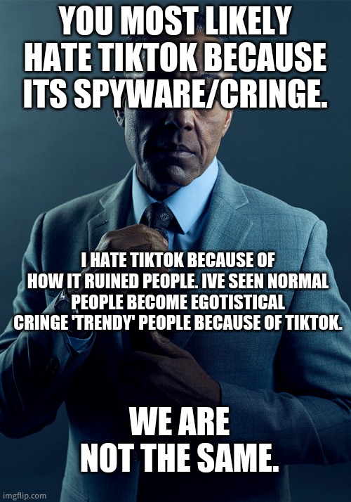 I also think it is cringe/spyware. | YOU MOST LIKELY HATE TIKTOK BECAUSE ITS SPYWARE/CRINGE. I HATE TIKTOK BECAUSE OF HOW IT RUINED PEOPLE. IVE SEEN NORMAL PEOPLE BECOME EGOTISTICAL CRINGE 'TRENDY' PEOPLE BECAUSE OF TIKTOK. WE ARE NOT THE SAME. | image tagged in gus fring we are not the same | made w/ Imgflip meme maker