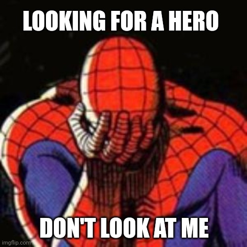 Nobodys Hero | LOOKING FOR A HERO; DON'T LOOK AT ME | image tagged in memes,sad spiderman,spiderman | made w/ Imgflip meme maker