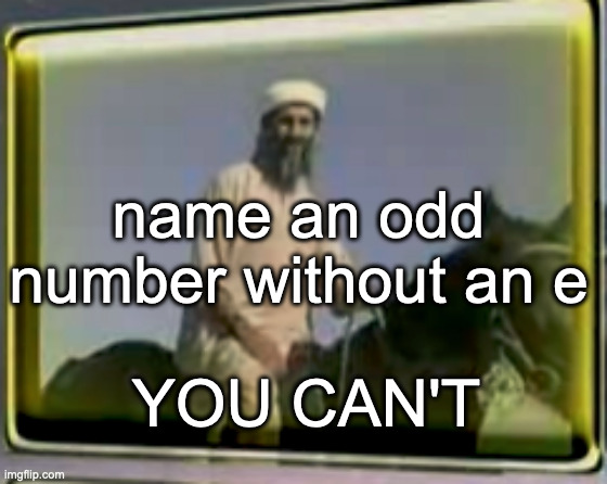 no cheating(using the numeral) | name an odd number without an e; YOU CAN'T | image tagged in osama on horse | made w/ Imgflip meme maker