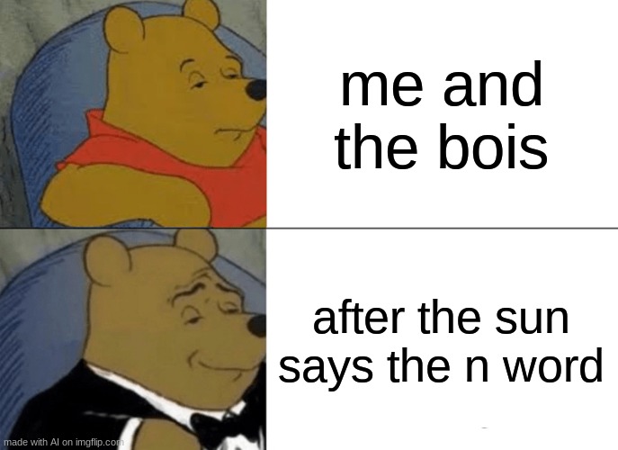 agreeb | me and the bois; after the sun says the n word | image tagged in memes,tuxedo winnie the pooh,funny | made w/ Imgflip meme maker