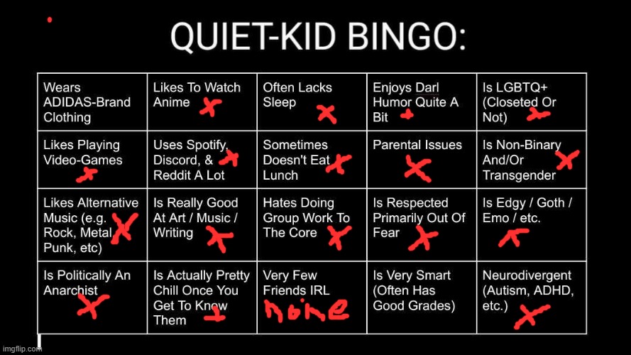 *has no friends* dad: Go talk to people! Me: I don`t like people Dad: I was one of the cool kids in school! your not going to ma | image tagged in quiet kid bingo | made w/ Imgflip meme maker