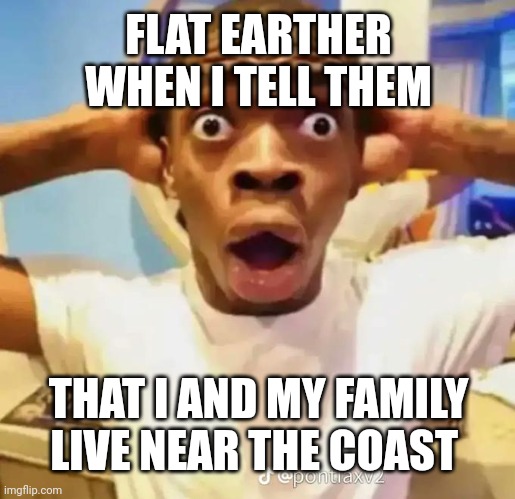 Shocked black guy | FLAT EARTHER WHEN I TELL THEM THAT I AND MY FAMILY LIVE NEAR THE COAST | image tagged in shocked black guy | made w/ Imgflip meme maker