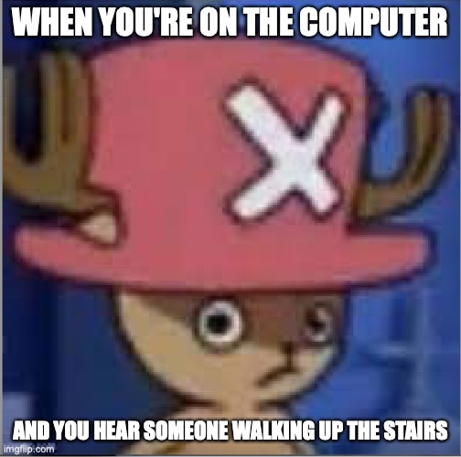 Sus Chopper | WHEN YOU'RE ON THE COMPUTER; AND YOU HEAR SOMEONE WALKING UP THE STAIRS | image tagged in sus chopper | made w/ Imgflip meme maker