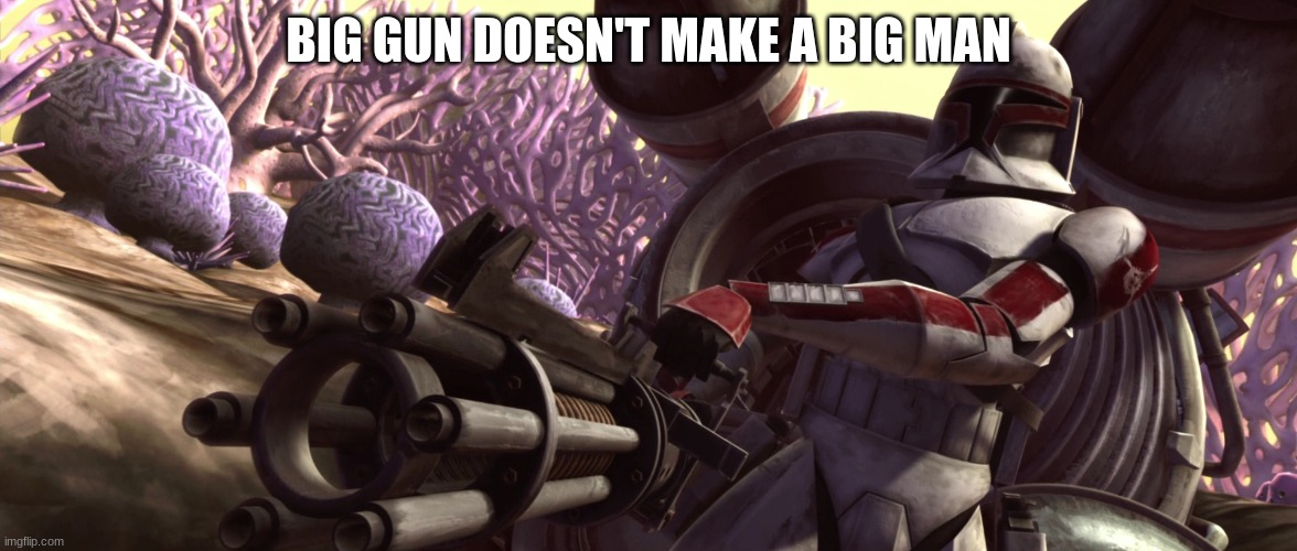 clone trooper | BIG GUN DOESN'T MAKE A BIG MAN | image tagged in clone trooper | made w/ Imgflip meme maker