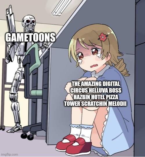 If gametoons milks these series | GAMETOONS; THE AMAZING DIGITAL CIRCUS HELLUVA BOSS HAZBIN HOTEL PIZZA TOWER SCRATCHIN MELODII | image tagged in anime girl hiding from terminator,gametoons,milking,cringe | made w/ Imgflip meme maker