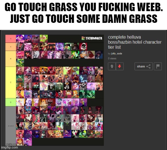 GO TOUCH GRASS YOU FUCKING WEEB.
JUST GO TOUCH SOME DAMN GRASS | made w/ Imgflip meme maker