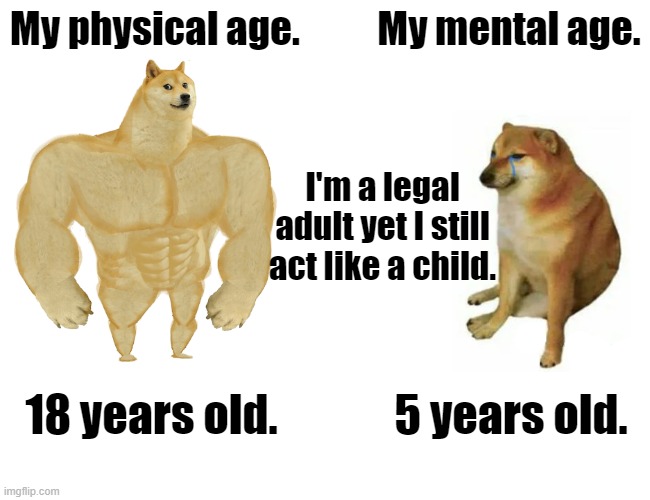 I'M A LEGAL ADULT NOW!!! | My physical age. My mental age. I'm a legal adult yet I still act like a child. 18 years old. 5 years old. | image tagged in memes,buff doge vs cheems | made w/ Imgflip meme maker