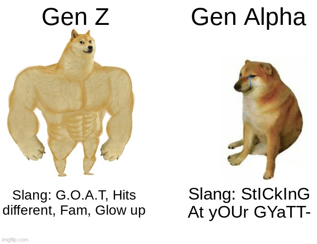 Buff Doge vs. Cheems Meme | Gen Z; Gen Alpha; Slang: G.O.A.T, Hits different, Fam, Glow up; Slang: StICkInG At yOUr GYaTT- | image tagged in memes,buff doge vs cheems | made w/ Imgflip meme maker