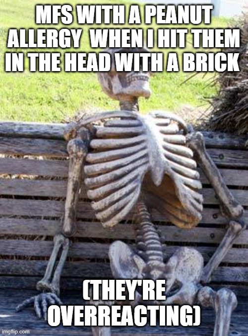 Waiting Skeleton Meme | MFS WITH A PEANUT ALLERGY  WHEN I HIT THEM IN THE HEAD WITH A BRICK; (THEY'RE OVERREACTING) | image tagged in memes,waiting skeleton | made w/ Imgflip meme maker