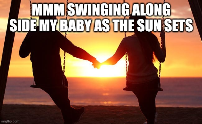 Lovers Sunset | MMM SWINGING ALONG SIDE MY BABY AS THE SUN SETS | image tagged in lovers sunset | made w/ Imgflip meme maker