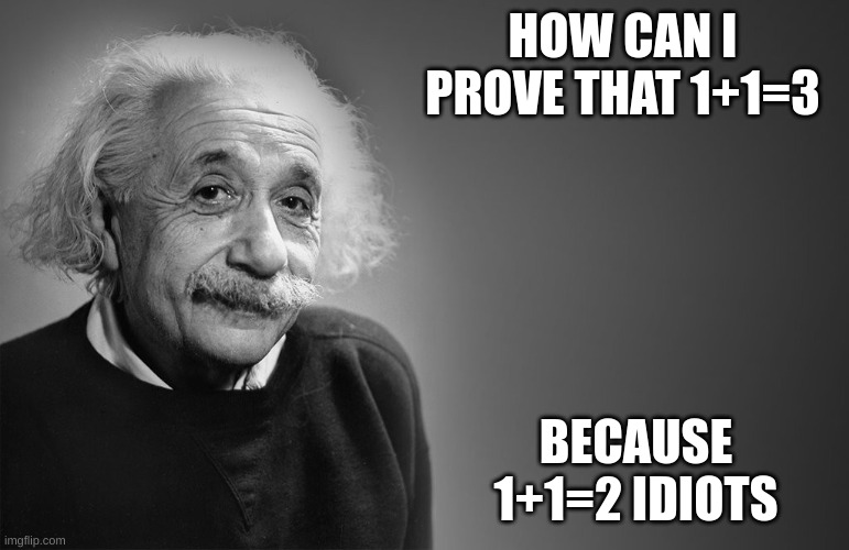 i wonder? | HOW CAN I PROVE THAT 1+1=3; BECAUSE 1+1=2 IDIOTS | image tagged in albert einstein quotes | made w/ Imgflip meme maker