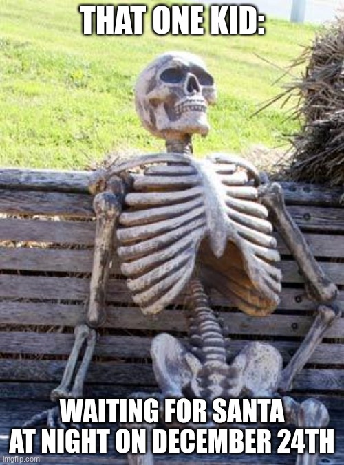 Waiting Skeleton | THAT ONE KID:; WAITING FOR SANTA AT NIGHT ON DECEMBER 24TH | image tagged in memes,waiting skeleton | made w/ Imgflip meme maker