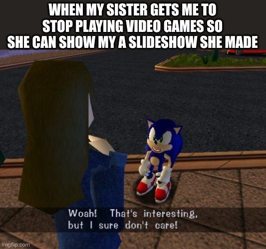 wow that's so cool, anyway | WHEN MY SISTER GETS ME TO STOP PLAYING VIDEO GAMES SO SHE CAN SHOW MY A SLIDESHOW SHE MADE | image tagged in woah that's interesting but i sure dont care | made w/ Imgflip meme maker
