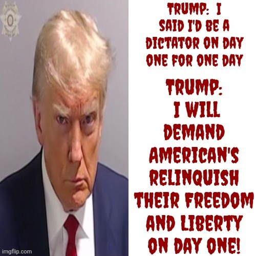 In Order For Trump To Be Dictator For A Day ALL Americans Must RELINQUISH THEIR FREEDOMS AND LIBERTIES | image tagged in scumbag trump,scumbag maga,scumbag republicans,lock him up,special kind of stupid,memes | made w/ Imgflip meme maker