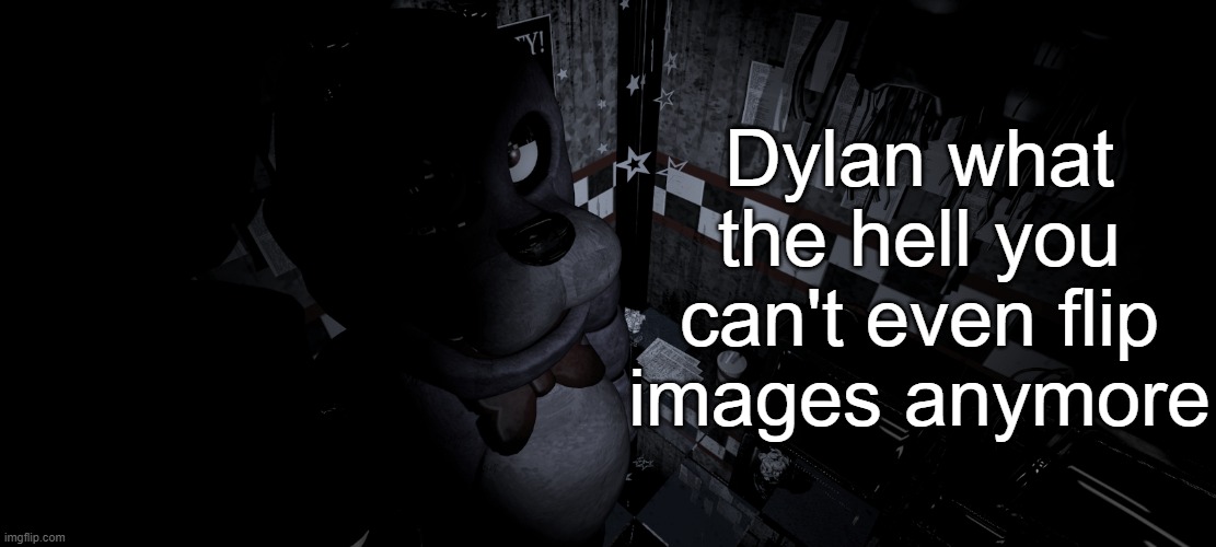Bro took the "Flip" out of imgflip | Dylan what the hell you can't even flip images anymore | image tagged in bonnie staring into camera | made w/ Imgflip meme maker
