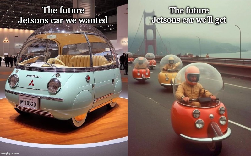 Yeah, but in the Future we'll have... aw crap. | The future Jetsons car we'll get; The future Jetsons car we wanted | image tagged in cars,the future world if,funny memes | made w/ Imgflip meme maker
