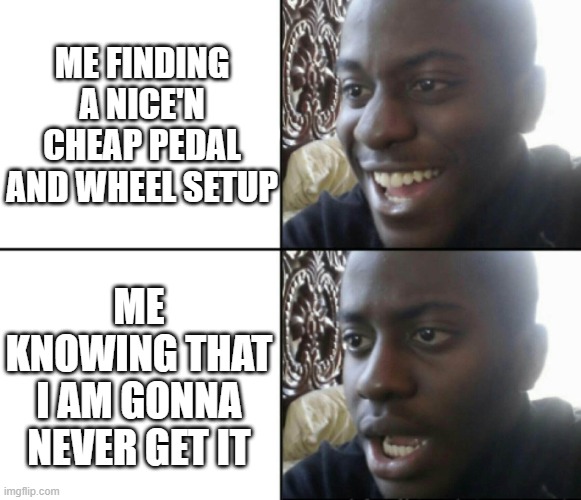 Happy / Shock | ME FINDING A NICE'N CHEAP PEDAL AND WHEEL SETUP; ME KNOWING THAT I AM GONNA NEVER GET IT | image tagged in happy / shock | made w/ Imgflip meme maker