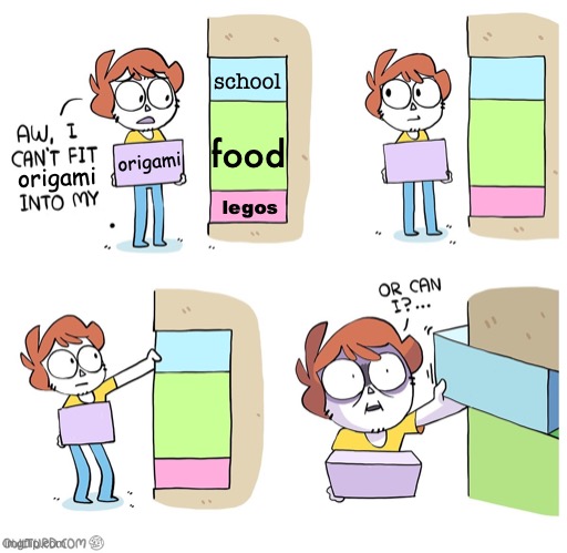 I'm homeschooled and this is kinda what I do each day | food; school; origami; origami; legos | image tagged in owlturd template | made w/ Imgflip meme maker