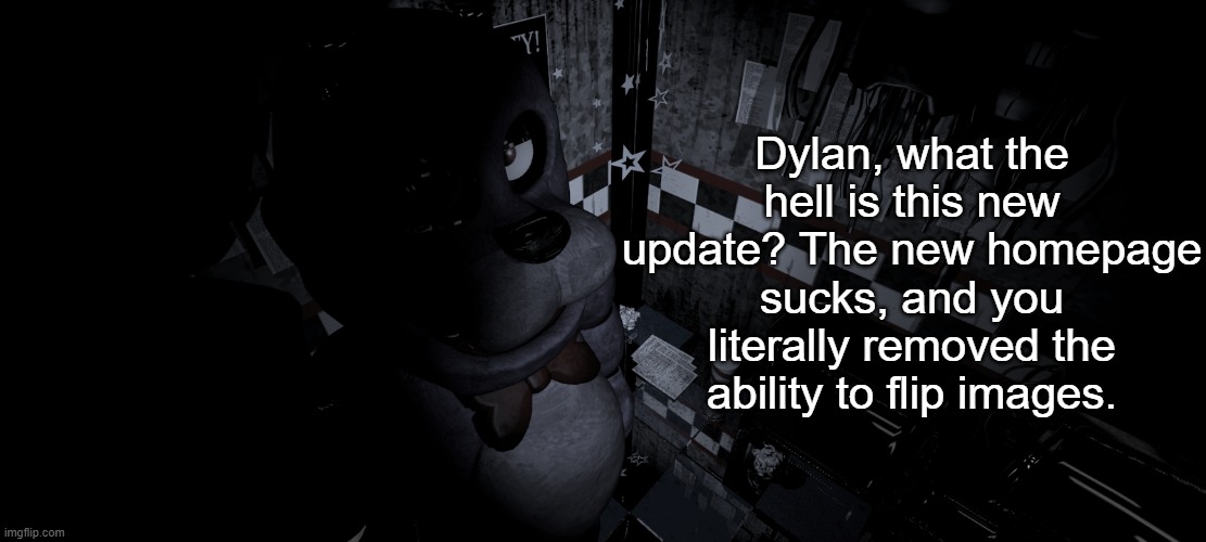 Bonnie staring into camera | Dylan, what the hell is this new update? The new homepage sucks, and you literally removed the ability to flip images. | image tagged in bonnie staring into camera | made w/ Imgflip meme maker