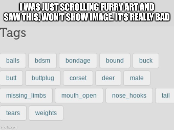 I WAS JUST SCROLLING FURRY ART AND SAW THIS, WON'T SHOW IMAGE. IT'S REALLY BAD | made w/ Imgflip meme maker