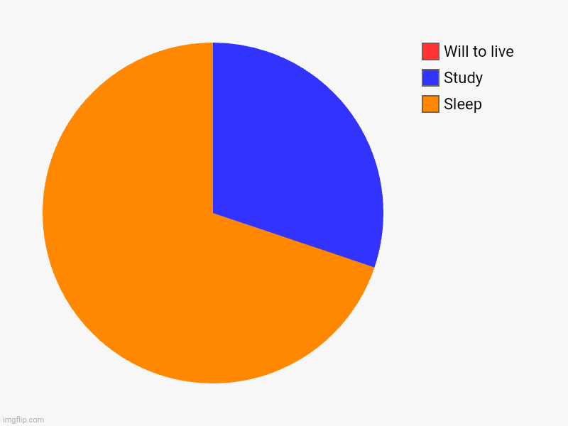 Sleep, Study, Will to live | image tagged in charts,pie charts | made w/ Imgflip chart maker