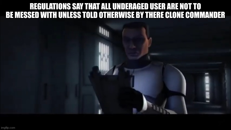 clone trooper | REGULATIONS SAY THAT ALL UNDERAGED USER ARE NOT TO BE MESSED WITH UNLESS TOLD OTHERWISE BY THERE CLONE COMMANDER | image tagged in clone trooper | made w/ Imgflip meme maker