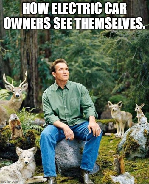 Got to save the planet | HOW ELECTRIC CAR OWNERS SEE THEMSELVES. | image tagged in arnold nature,electric cars,climate change | made w/ Imgflip meme maker