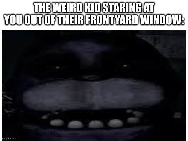 0_0 | THE WEIRD KID STARING AT YOU OUT OF THEIR FRONTYARD WINDOW: | image tagged in fnaf,fnaf_bonnie | made w/ Imgflip meme maker