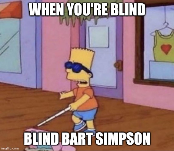 Blind Bart Simpson | WHEN YOU'RE BLIND; BLIND BART SIMPSON | image tagged in blind bart simpson | made w/ Imgflip meme maker