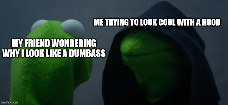 Hood lol. | ME TRYING TO LOOK COOL WITH A HOOD; MY FRIEND WONDERING WHY I LOOK LIKE A DUMBASS | image tagged in memes,evil kermit | made w/ Imgflip meme maker