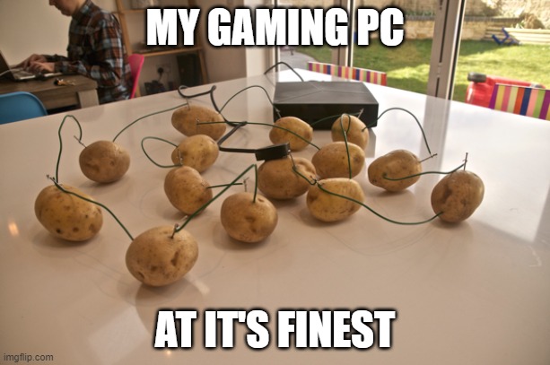 My gaming PC | MY GAMING PC; AT IT'S FINEST | image tagged in pc,gaming,potato,potatoes,computer | made w/ Imgflip meme maker